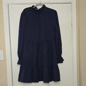 Navy Long Sleeve Ruffle Dress